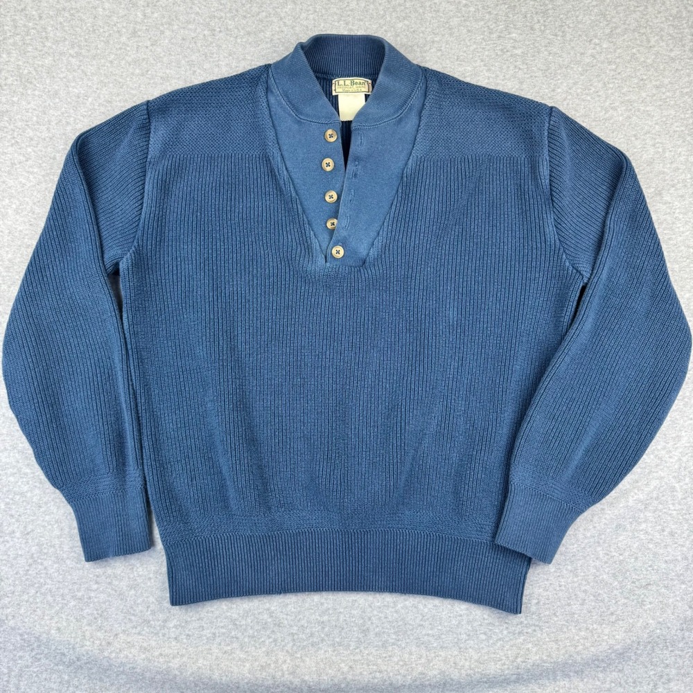 L.L. Bean Henley Sweater Mens L Blue Good Vintage Ribbed Knit Made in USA 4511
